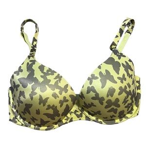 Victoria’s Secret bra 34 D biofit Demi uplift lime green gray butterflies